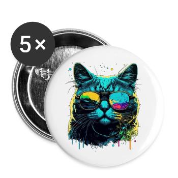Chat cool - Lot de 5 petits badges (25 mm) - blanc - Devant