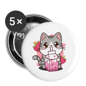 Shake fraise Lait de fraise Chat Kawaii Neko - Lot de 5 petits badges (25 mm) - blanc - Devant