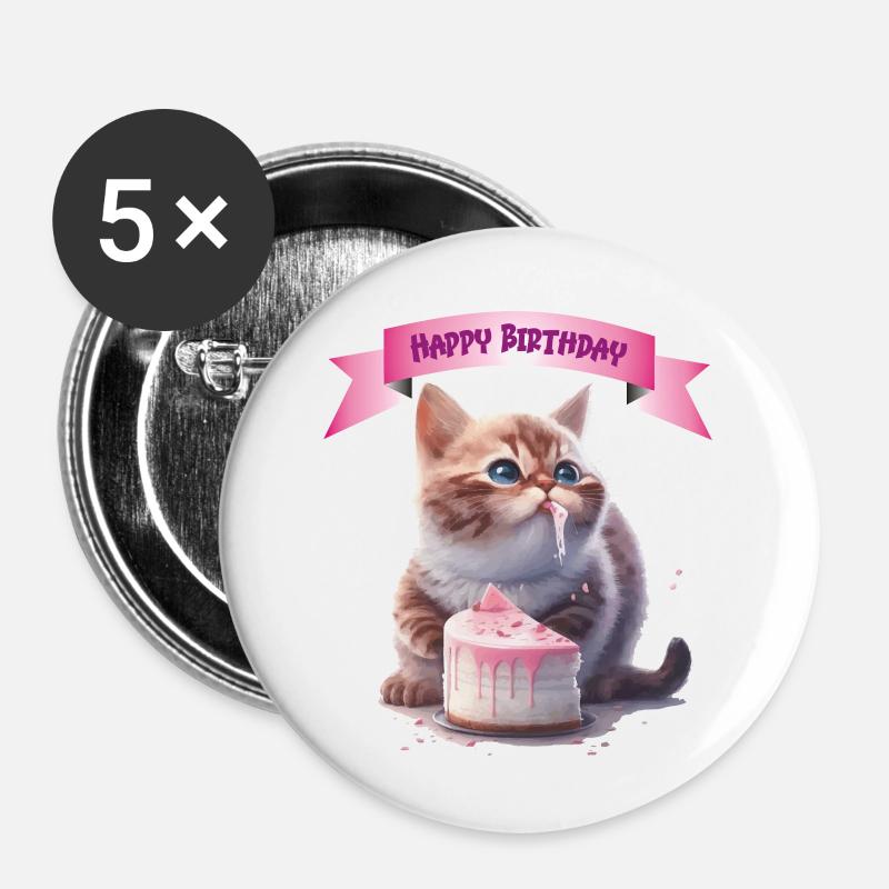 Happy Birthday Kitten Gift - Buttons small 1''/25 mm (5-pack) - white