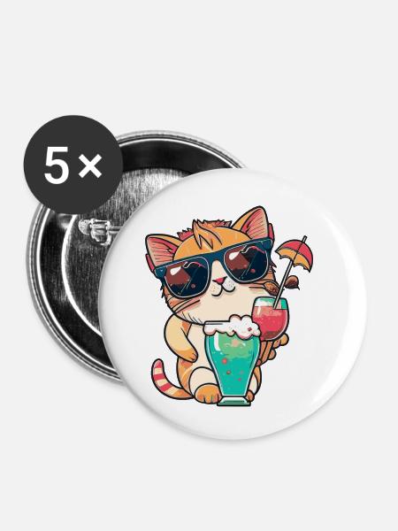 Sommer-Coolness: Katze mit Sonnenbrille - Buttons klein 25 mm (5er Pack) - Weiß