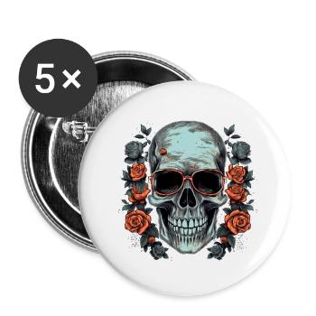 Cooler Hipster Totenkopf mit Brille und Rosen - Buttons klein 25 mm (5er Pack) - Weiß - Vorne