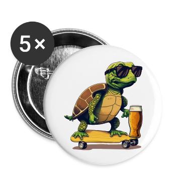 Une tortue boit de la bière sur une planche à roulettes - Lot de 5 petits badges (25 mm) - blanc - Devant