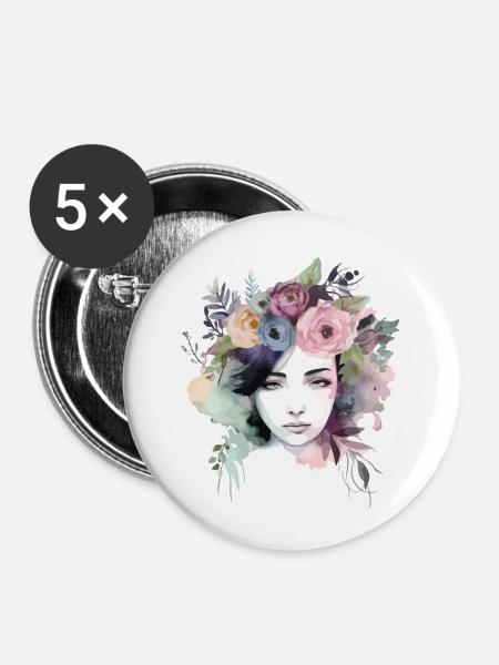 Frau mit Blumen - Buttons klein 25 mm (5er Pack) - Weiß