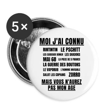 anniversaire, anniversaire humour, retraite humour - Lot de 5 petits badges (25 mm) - blanc - Devant