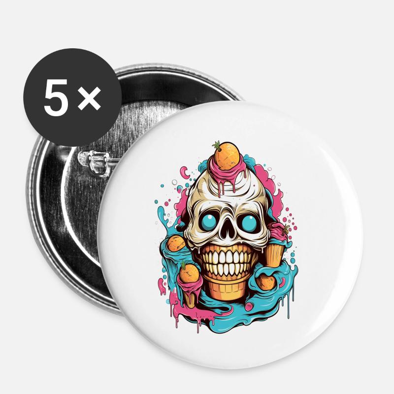 Cône de crème glacée tête de mort avec motifs de fruits - Lot de 5 petits badges (25 mm) - blanc