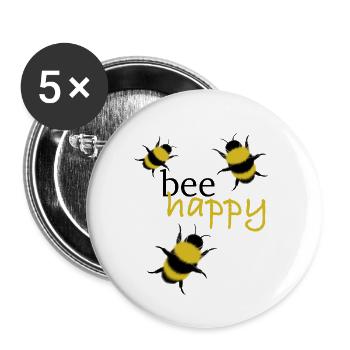 bee happy - Sei glücklich, fröhlich, Bienen, Natur - Buttons klein 25 mm (5er Pack) - Weiß - Vorne