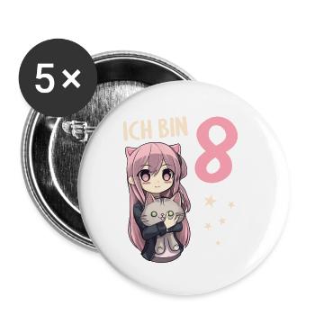 8 Jahre Mädchen Anime Kawaii Katze 8. Geburtstag - Buttons klein 25 mm (5er Pack) - Weiß - Vorne