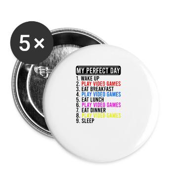 MEIN PERFECDT TAG 1. AUFWACHEN 2. VIDEOSPIELE SPIELEN - Buttons klein 25 mm (5er Pack) - Weiß - Vorne