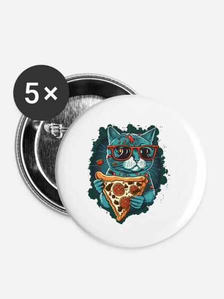 Katze mit Pizzastücken - Buttons klein 25 mm (5er Pack) - Weiß