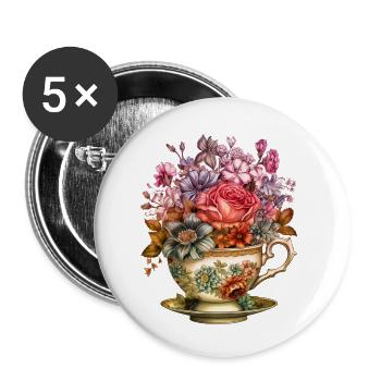 Vintage Flowers Tea Cup And Pot retro garden rose - Buttons small 1''/25 mm (5-pack) - white - Front