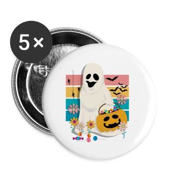 Fantôme de fleur groovy tenant une citrouille avec des bonbons - Lot de 5 petits badges (25 mm) - blanc - Devant