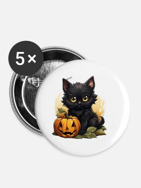 Black Cat Halloween Pumpkin - Cat - Buttons klein 25 mm (5er Pack) - Weiß