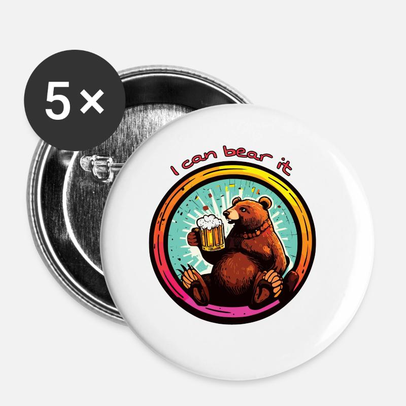 Bär mit Bier Ich kann es ertragen - Buttons klein 25 mm (5er Pack) - Weiß