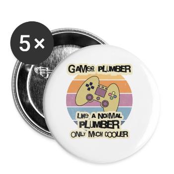 Gamer Plumber T-Shirt, 8 bits Lecteur de jeux vidéo T-S - Lot de 5 petits badges (25 mm) - blanc - Devant