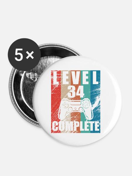 Level 34 abgeschlossen - Buttons klein 25 mm (5er Pack) - Weiß