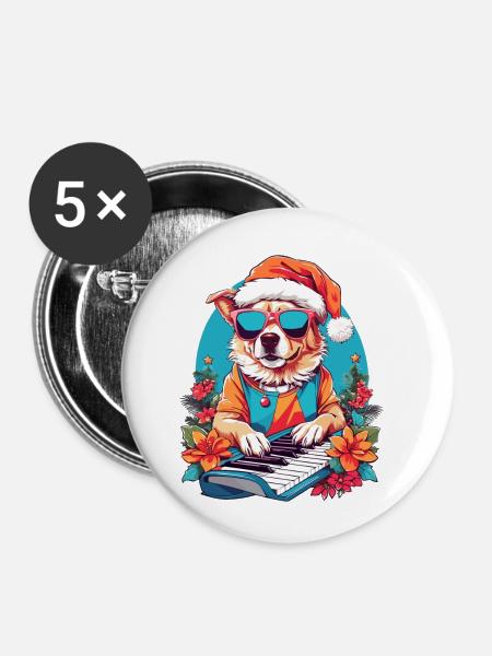 Hund mit Piano - Buttons klein 25 mm (5er Pack) - Weiß