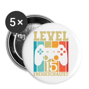 15 Level Freigeschaltet Gamer Sprüche Geburtstag - Buttons klein 25 mm (5er Pack) - Weiß - Vorne