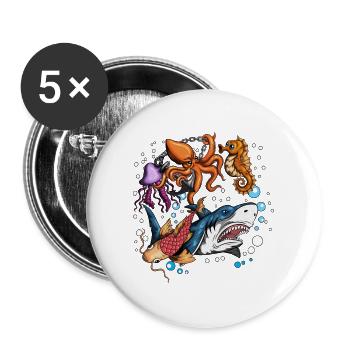 Conception De Poissons, Créature Marine, Poisson, Requin, Méduse, Poulpe - Lot de 5 petits badges (25 mm) - blanc - Devant