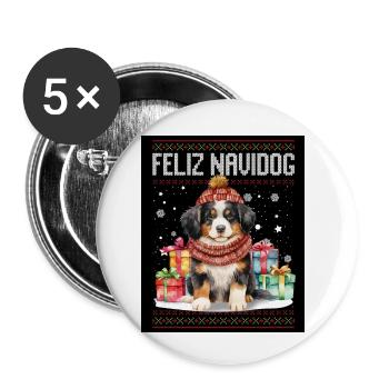 Berner Hund Feliz Navidog - Feliz Navidad Weihnachten - Buttons klein 25 mm (5er Pack) - Weiß - Vorne