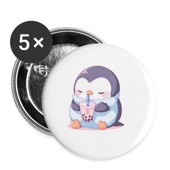 Kawaii Pinguin trinkt Boba Bubble Tea Chibi - Buttons klein 25 mm (5er Pack) - Weiß - Vorne
