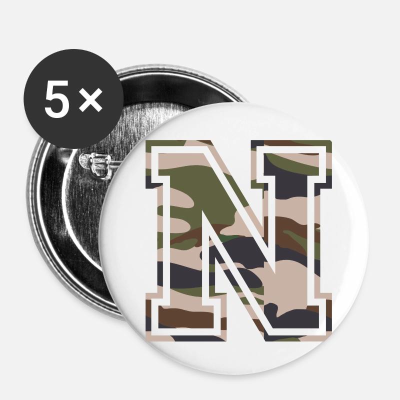 N, Monogramme, Camouflage Vert-Marron - Lot de 5 petits badges (25 mm) - blanc