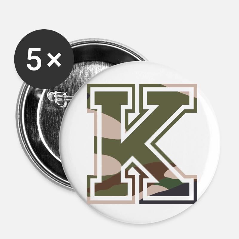K, Monogramme, Camouflage Vert-Marron - Lot de 5 petits badges (25 mm) - blanc