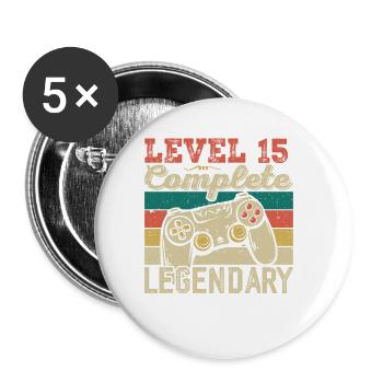 Level 15 abgeschlossen, Geschenk zum 15. Geburtstag - Buttons klein 25 mm (5er Pack) - Weiß - Vorne