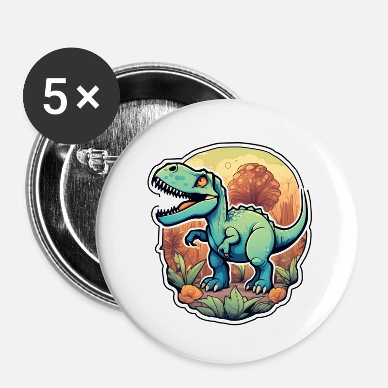 dinosaure dessin animé - Lot de 5 petits badges (25 mm) - blanc