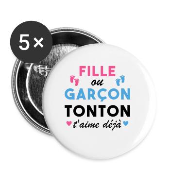 Fille ou Garçon Annonce Bébé Tonton T'aime Déjà - Lot de 5 petits badges (25 mm) - blanc - Devant