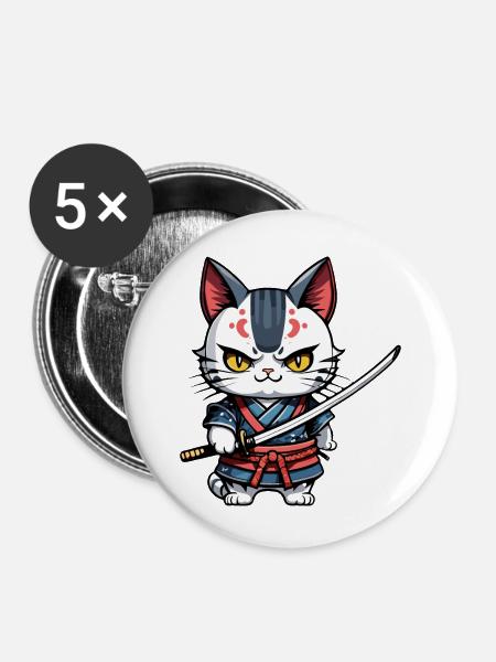Samurai-Katze #27 - Buttons klein 25 mm (5er Pack) - Weiß