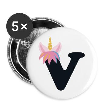 Einhorn-Buchstabe Regenbogenstyle "V" | be unique - Buttons klein 25 mm (5er Pack) - Weiß - Vorne
