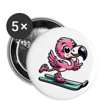 Flamingoski - Comic Skifahrer Urlaub - Buttons klein 25 mm (5er Pack) - Weiß - Vorne