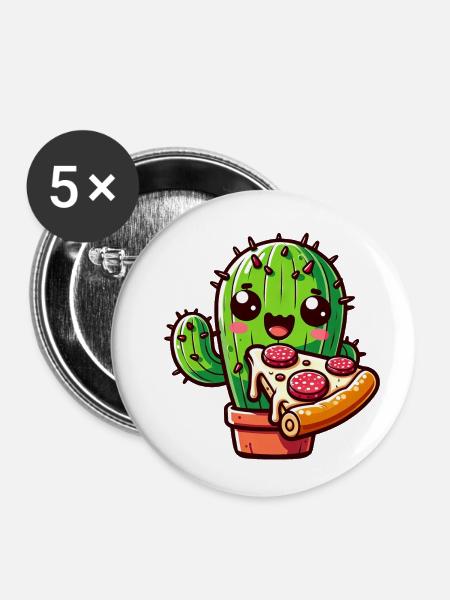 Kawaii Kaktus mit Pizza, Comic-Stil - Buttons klein 25 mm (5er Pack) - Weiß