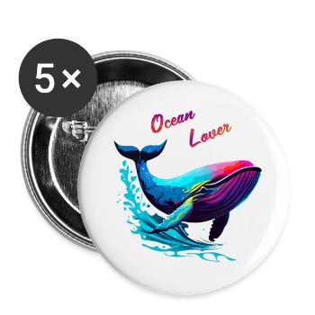 Ocean Lover. Baleine - Lot de 5 petits badges (25 mm) - blanc - Devant