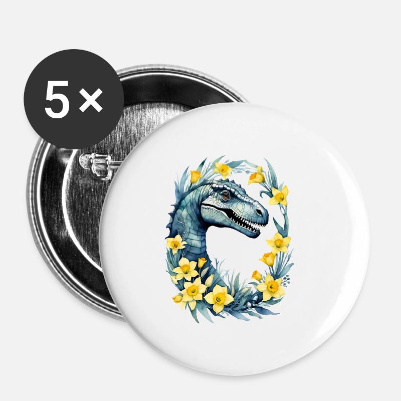Trex Dinosaurier Narzissen - Buttons klein 25 mm (5er Pack) - Weiß