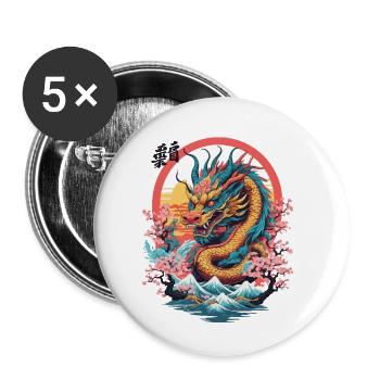Japanischer Drache Design Aesthetic Streetwear - Buttons klein 25 mm (5er Pack) - Weiß - Vorne
