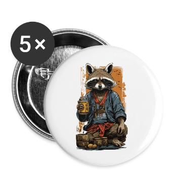 Raton laveur japonais saké Vintage Kanji Art - Lot de 5 petits badges (25 mm) - blanc - Devant