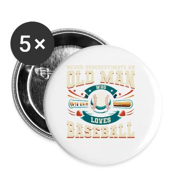 Unterschätze niemals einen alten Mann, der Baseball liebt - Buttons klein 25 mm (5er Pack) - Weiß - Vorne