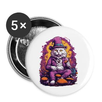 Chat psychédélique Art musique Festival champignons des bois - Lot de 5 petits badges (25 mm) - blanc - Devant