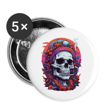 Crâne psychédélique forêt champignons Goa Trance Art - Lot de 5 petits badges (25 mm) - blanc - Devant