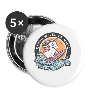 Unicorn Surfing : surfer sur les vagues de la magie ! Conception artistique - Lot de 5 petits badges (25 mm) - blanc - Devant
