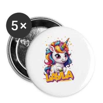 LAYLA - Schöner Mädchen Name mit süßem Einhorn - Buttons klein 25 mm (5er Pack) - Weiß - Vorne
