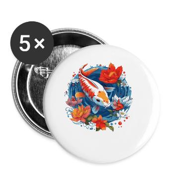 Vintage 80er Retro Japanisch Asiatisch Koi Karpfen - Buttons klein 25 mm (5er Pack) - Weiß - Vorne
