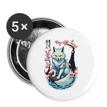 Weißer Kitsune Fuchs Japanische Kirschblüten - Buttons klein 25 mm (5er Pack) - Weiß - Vorne