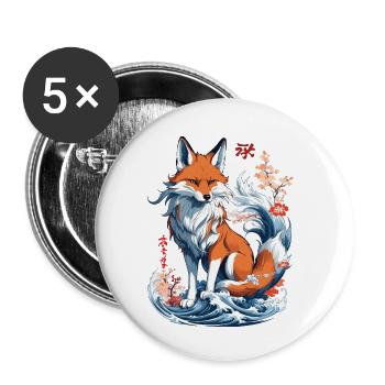 Ukiyo-E Kunst Stil Japanische Kitsune Fuchs - Buttons klein 25 mm (5er Pack) - Weiß - Vorne