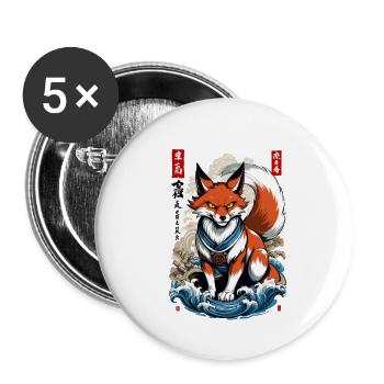 Ukiyo-E Kunst Stil Japanische Kitsune Fuchs - Buttons klein 25 mm (5er Pack) - Weiß - Vorne