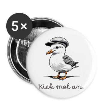"Kiek mol an" Möwe mit plattdeutschem Spruch - Buttons klein 25 mm (5er Pack) - Weiß - Vorne