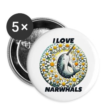 J’adore les narvals - Lot de 5 petits badges (25 mm) - blanc - Devant