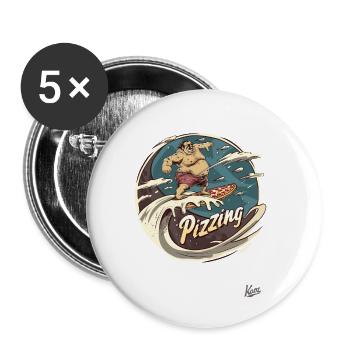 Un grand surfeur surfe sur une vague de pizza - Lot de 5 petits badges (25 mm) - blanc - Devant