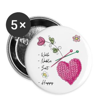 Knitted heart with flowers and knitting needles - Buttons small 1''/25 mm (5-pack) - white - Front